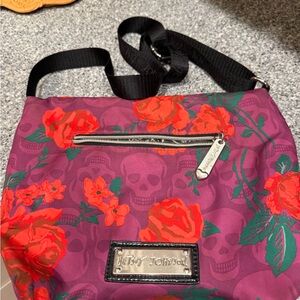Betsey Johnson Purple Crossbody with Red Floral & Skull Print